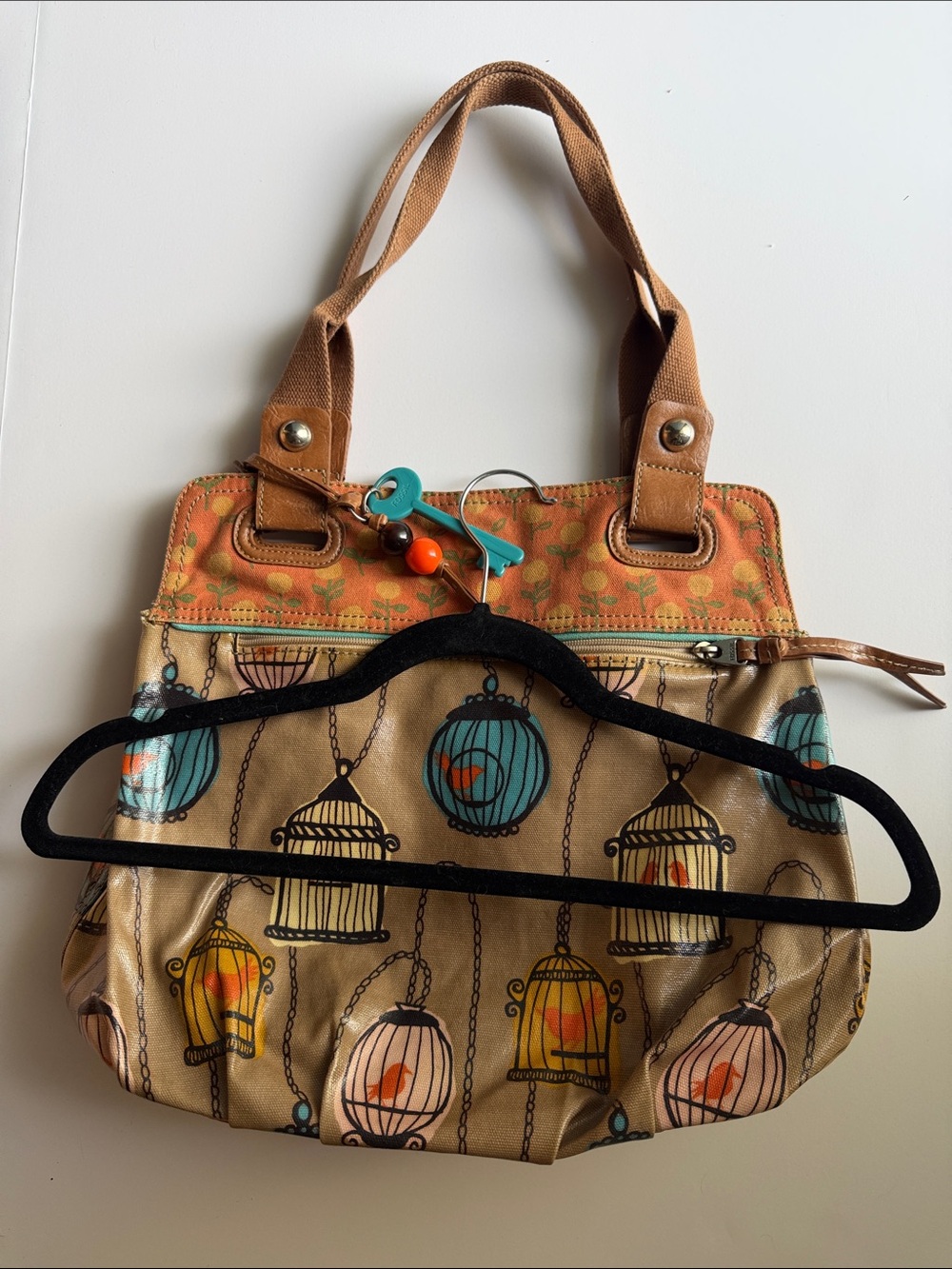 Fossil Key-per Canvas Tote Bag with Colorful Birdcage Print in Tan and Teal - Picture 9 of 9